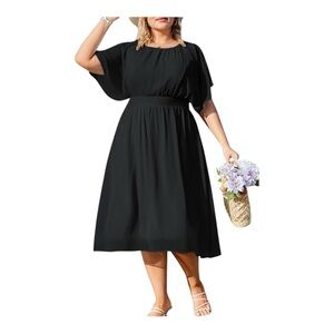 Hanna Nikole Chiffon Black Ruffle Sleeve A-Line Empire Waist Midi Dress Size 18W